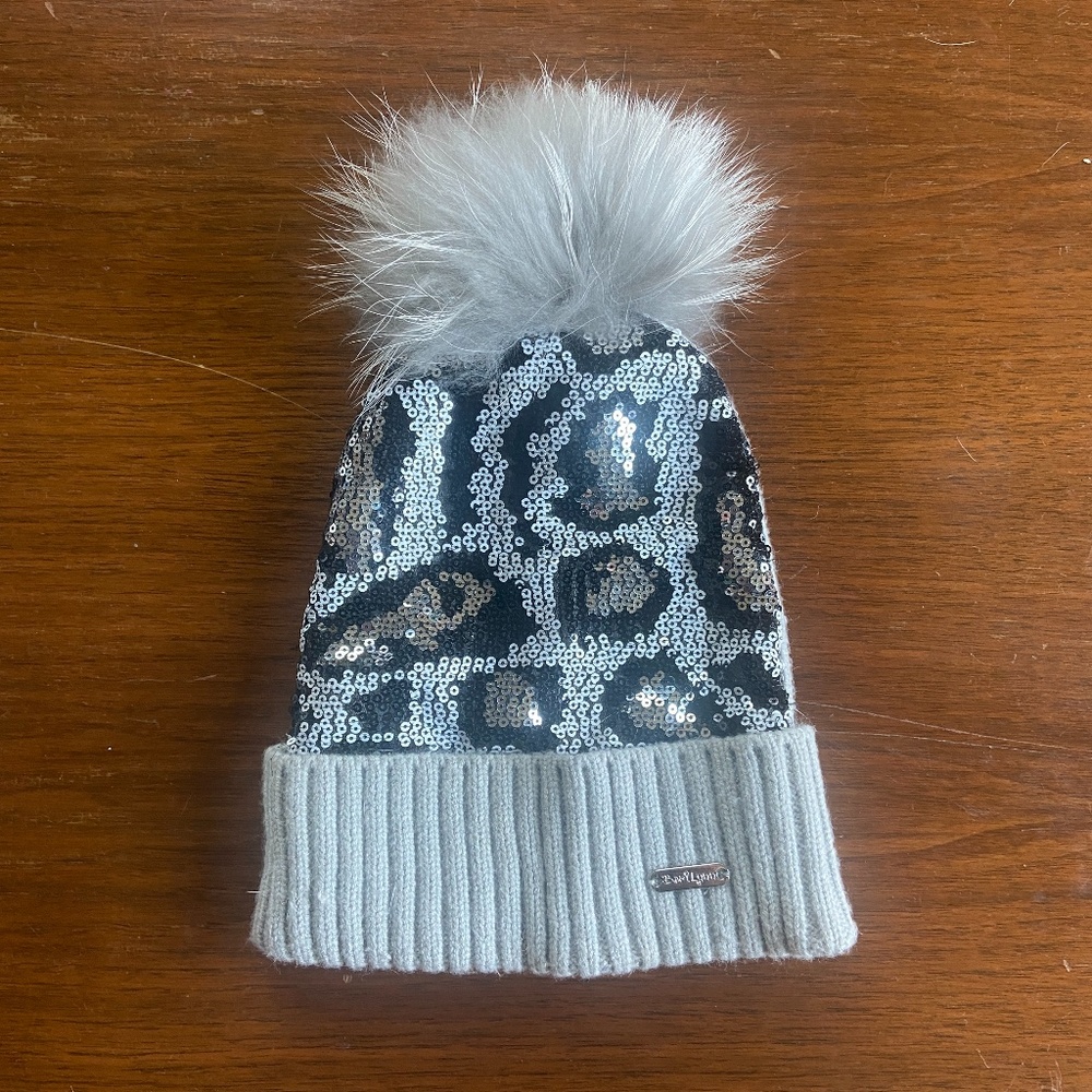 Bari Lynn Leo Sequin Embellished Fur Trim Beanie